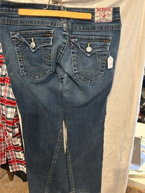 True Religion Women's Dark Blue Bootcut Jeans with Signature Back Pockets